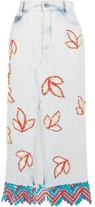 Peter Pilotto Lace-Trimmed Embellished Denim Midi Skirt