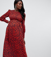 Thumbnail for your product : Queen Bee long sleeve shirred bust midi dress in red leopard