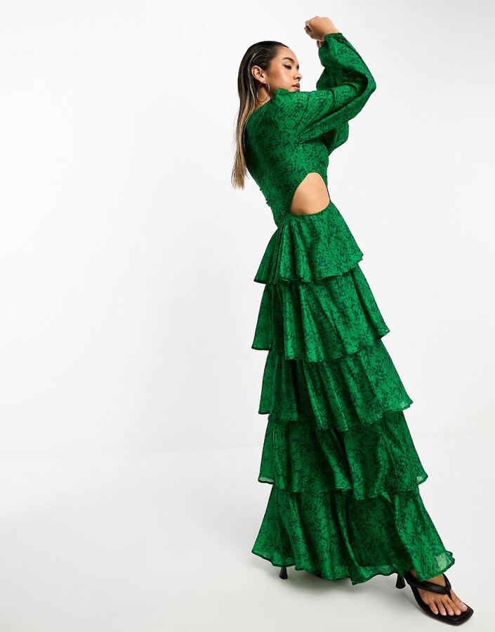 Pretty Lavish long sleeve cut-out ruffle maxi dress in emerald