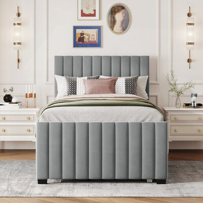 Mercer41 Twin Size Velvet Upholstered Platform Bed with Twin Size Trundle in Gray - Extra Sleeping Space & Elegant Design
