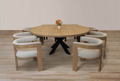 MOTI Furniture Logan 72" 9-piece Dining Set With 8 Trish Dining Chairs In Silver Boucle Linen Fabric