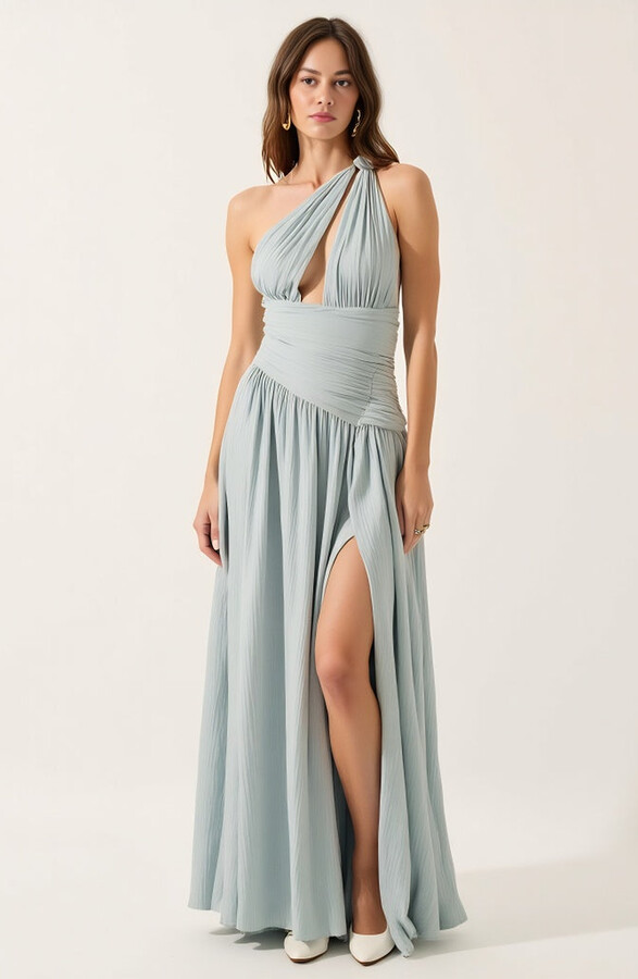 Modenaire Pleated One-Shoulder Gown with Cutout Waist and Thigh Slit