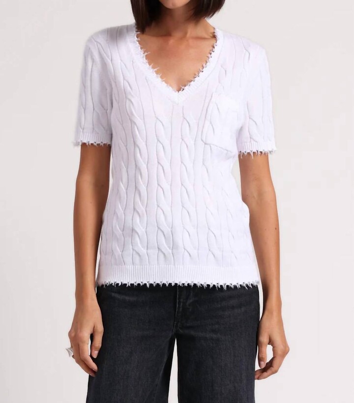 Minnie Rose Cotton Frayed Cable V-Neck Tee In White