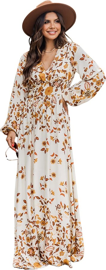 MARZXIN Boho Maxi Dresses Yellow Leaf Print V Neck Puff Sleeve Maxi ...