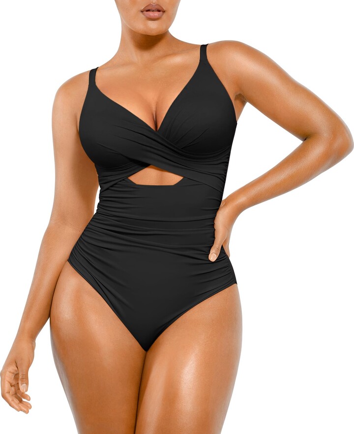 SHAPELLX Tummy Control Swimsuits Women V Neck One Piece Bathing