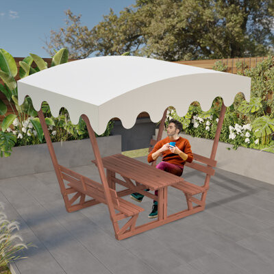 Arlmont & Co. Outdoor Wood Picnic Table And Bench Set With Removable Canopy