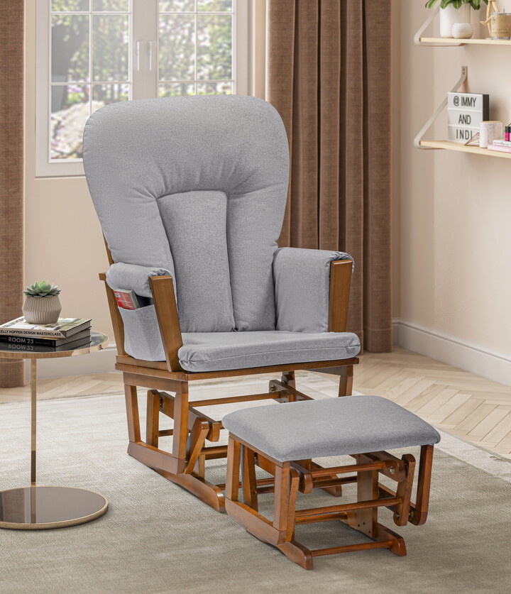Suite Bebe Contempo Wooden Glider And Ottoman Walnut Wood and Dove Gray Fabric