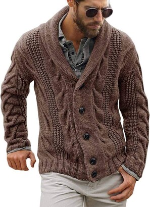 FUERI Mens Cable Knit Cardigan Chunky Knitted Jacket V Neck Shawl Collar  Buttoned Knitwear Overcoat Outerwear - ShopStyle