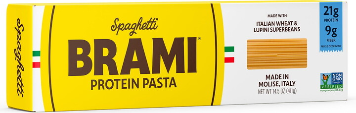 Brami Spaghetti High Protein Pasta, Made in Italy, 21g Protein, High Fiber, Low Carb Vs. Regular Pasta Noodles, Durum Wheat Plus Lupini Beans, Bronze Cut Shelf-Stable Noodles, 14.5 oz Box