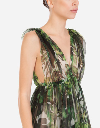 Dolce & Gabbana Long Organza Dress With Leaf Print