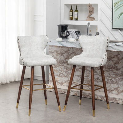 Everly Quinn Nevis Mid-Century Modern Tufted Nailhead Trim Barstool Set Of 2 Off-White