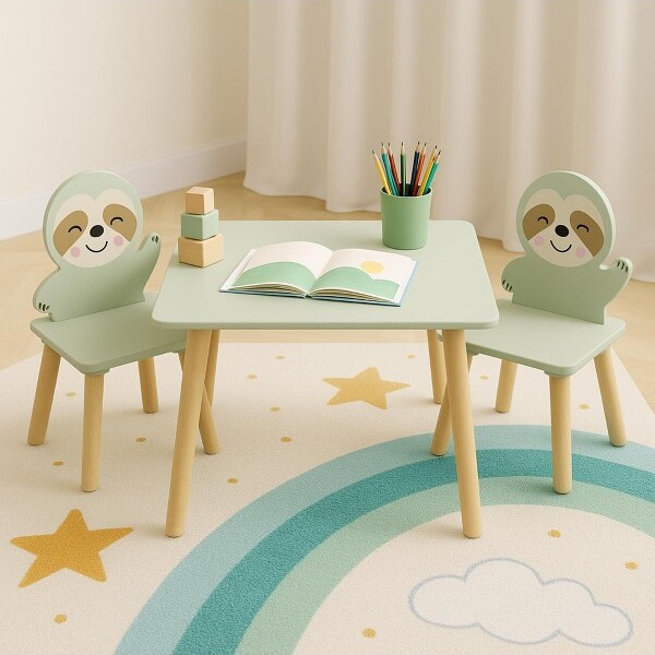 KTMBDWKidsTableandChairSetwith2CuteSlothChairs,WoodenToddlerActivityTable,CuteAnimalDesign&StudySetforPlayroom,Classroom,Green