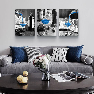Ophelia & Co. Blue Wine Wall Art Prints - 3 Pieces Canvas Art For Kitchen, Dining Room, Bar, Restaurant - Modern Inspiration Wall Decor With Black And White Wine Gl