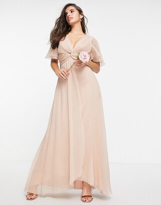 ASOS DESIGN Bridesmaid flutter sleeve maxi dress with twist front in blush