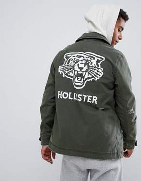 Hollister twill military overshirt jacket back logo print in olive green