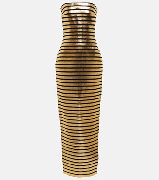 Strapless striped metallic gown