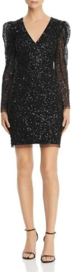 Adrianna Papell Beaded Long Sleeve Party Dress In Black