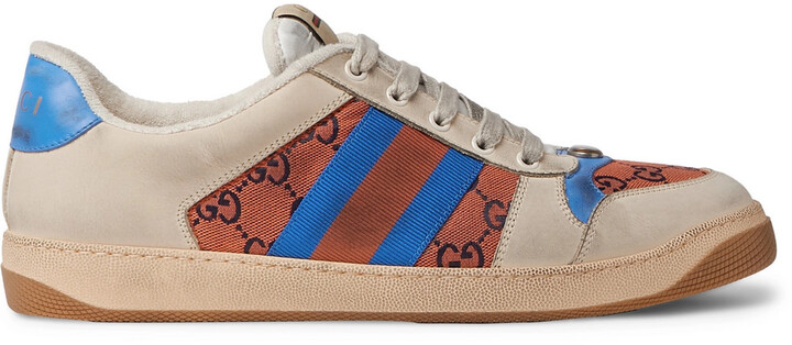 Gucci Screener Gg Webbing-Trimmed Distressed Leather And Printed Canvas  Sneakers - ShopStyle