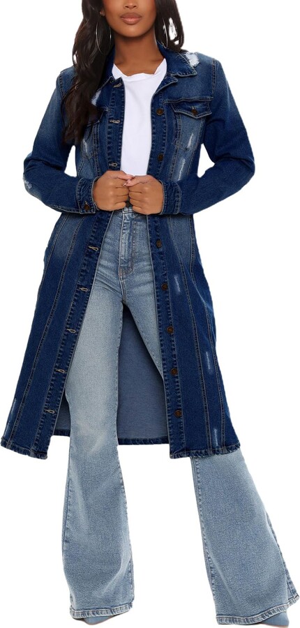 LUIFEL Womens Distressed Fitted Denim Jackets Button Down Long