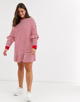 ASOS DESIGN Curve ruffle sweat mini dress in red and white stripe