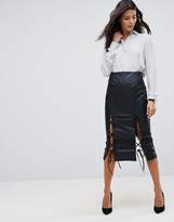 Thumbnail for your product : ASOS Design leather look pencil skirt with lace hem detail