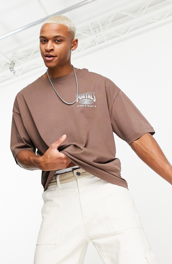 ASOS DESIGN oversized t-shirt in khaki color block with back print