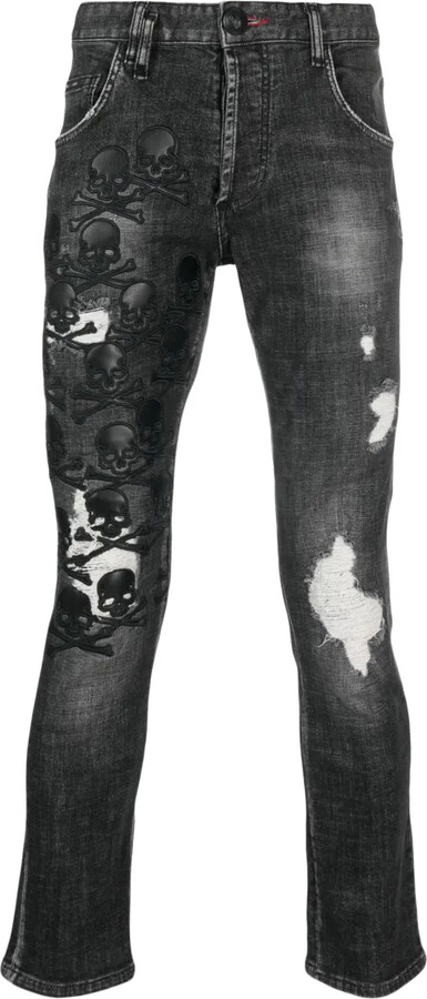 Philipp Plein Skull & Bones logo-embroidered ripped jeans