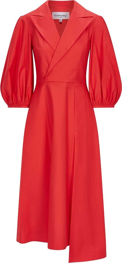 Femponiq Wide Lapel Asymmetric Cotton Dress - Red