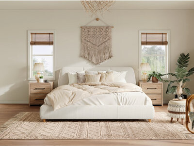 Latitude Run White Upholstered King Size Bed With Linen Material, Solid Wood Legs, A Sleek Embedded Design, And An Enhanced Support Structure Modern Frame In Fabri