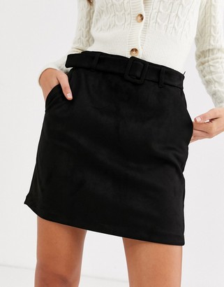 Vero Moda Tall belted mini skirt in black faux suede