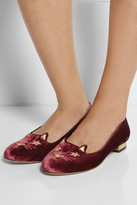 Thumbnail for your product : Charlotte Olympia Superstar Kitty embroidered velvet slippers