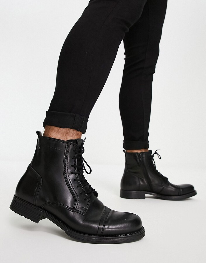 Jack and Jones lace-up tall boots with strap detail in black leather -  ShopStyle