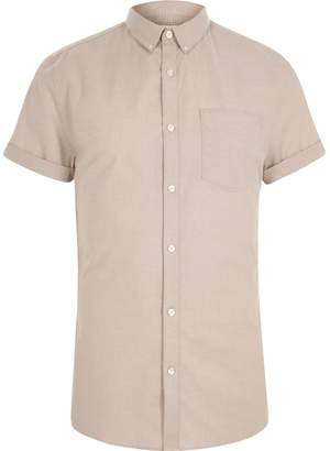 River Island Mens Beige muscle fit short sleeve Oxford shirt