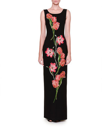 Dolce & Gabbana Sleeveless Tulip-Appliqué Column Gown, Black/Bright Pink