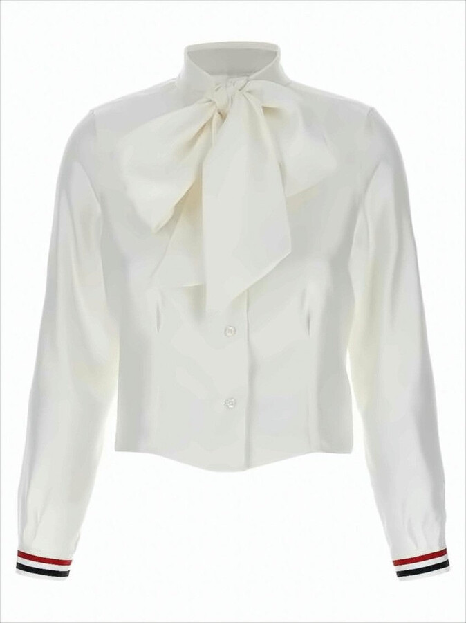 Thom Browne Cropped Silk Blouse with Elegant Bow and Striped Accents