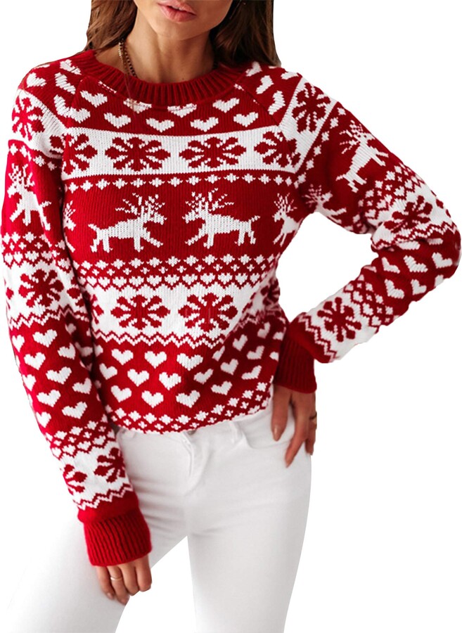 Achinel Women's Christmas Jumper Winter Kintwear Top Xmas Snowflake Long  Sleeve Festive Knit Sweater L White Red Snowflake - ShopStyle