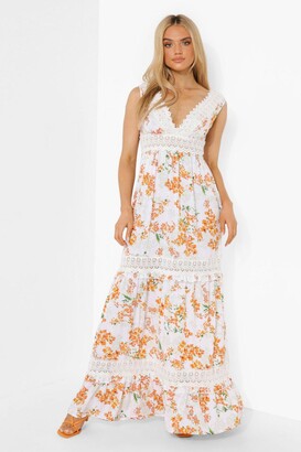 boohoo Floral Lace Trim Tiered Maxi Dress
