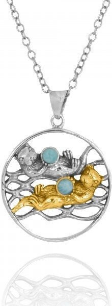 Etsy Sea Otter Necklace - 18K Gold Plated Silver Otters Holding Round Larimar -Sea Life & Nautical Gift California Beach Pendant