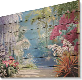Tropical Garden View Of Heaven II - Botanicals Wood Wall Decor On Natural Pine Wood