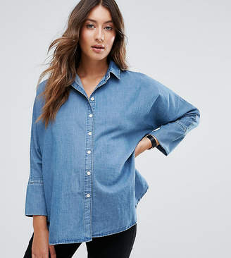 ASOS Maternity Denim Shirt With Batwing Sleeve In Mid Blue Wash