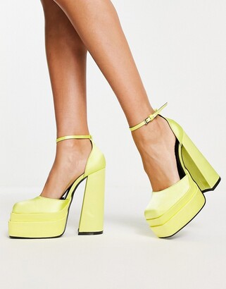 Daisy Street Exclusive double platform heeled shoes in bright yellow satin