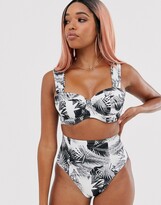 Thumbnail for your product : ASOS DESIGN DESIGN fuller bust exclusive underwired longline bikini top in mono palm print dd-g - MGREEN