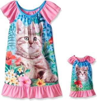 Komar Kids Big Girls Polyester Sleep Gown with Matching 18 Inch Doll Gown Cat