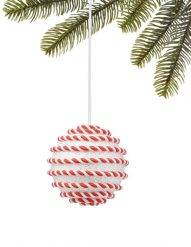 Holiday Lane Christmas Cheer White Ball with Red and White Rope Design Ornament, Created for Macy's