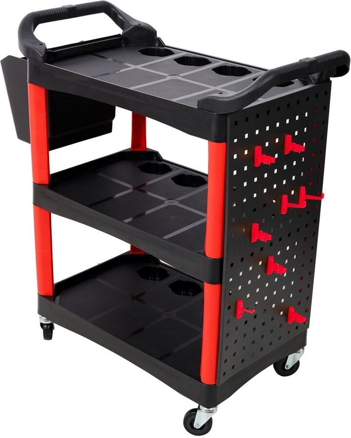 Cesicia Plastic 3 Tier Rolling Red&Black Auto Detail Cart Serving Cart with Bucket & Panel & Hook