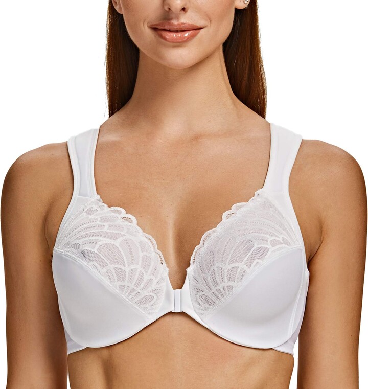 MELENECA Front Fastening Bras for Women Plus Size Underwire Unlined Lace  Cup Cushion Strap White 36E - ShopStyle