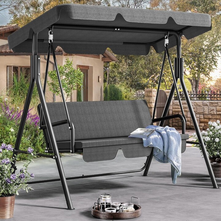 Patio Swing, w/Adjustable Canopy Outside Swing Bench w/Removable Cushion, Suitable for Backyard, Garden, Yard, Poolside & Balcony