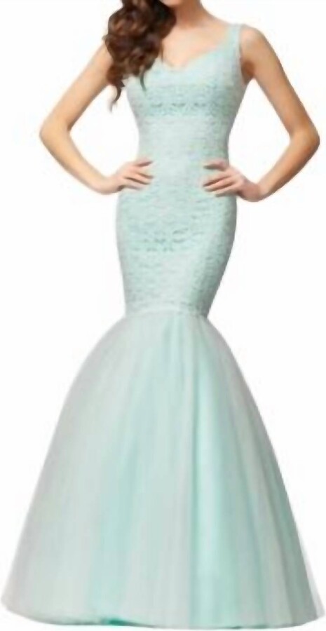 Colette by Mon Cheri Lace And Tulle Mermaid Gown In Ivory/aqua