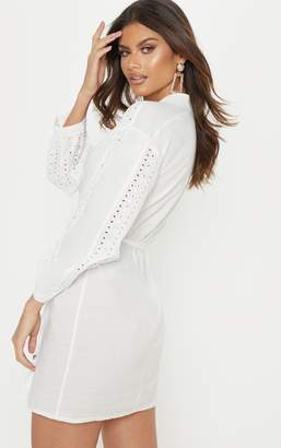 PrettyLittleThing White Broderie Anglaise Plunge Tie Waist Bodycon Dress