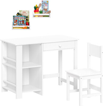 RiverRidge Kids Desk and Chair Playroom Set with 2 Art Storage Cubbies, 2 Side Bookshelves, and 2 10" Floating Bookshelves- White